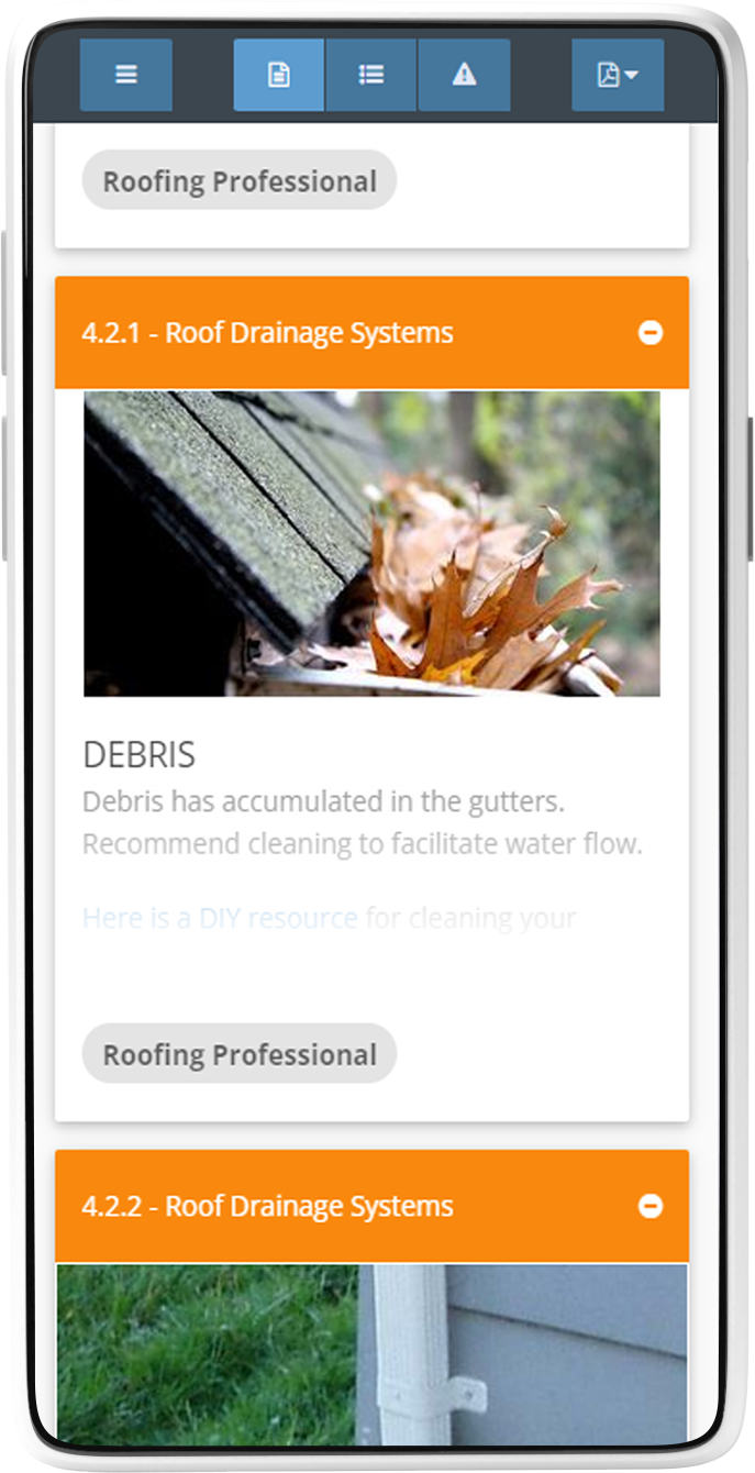 Spectora report detail view showing individual finding with description and photos